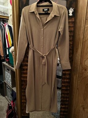DKNY Taupe Midi Shirt Dress with Waist Tie